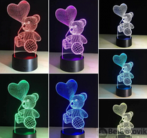 3 D Creative Desk Lamp (Настольная лампа голограмма 3Д, ночник) Мишка сердце Шар