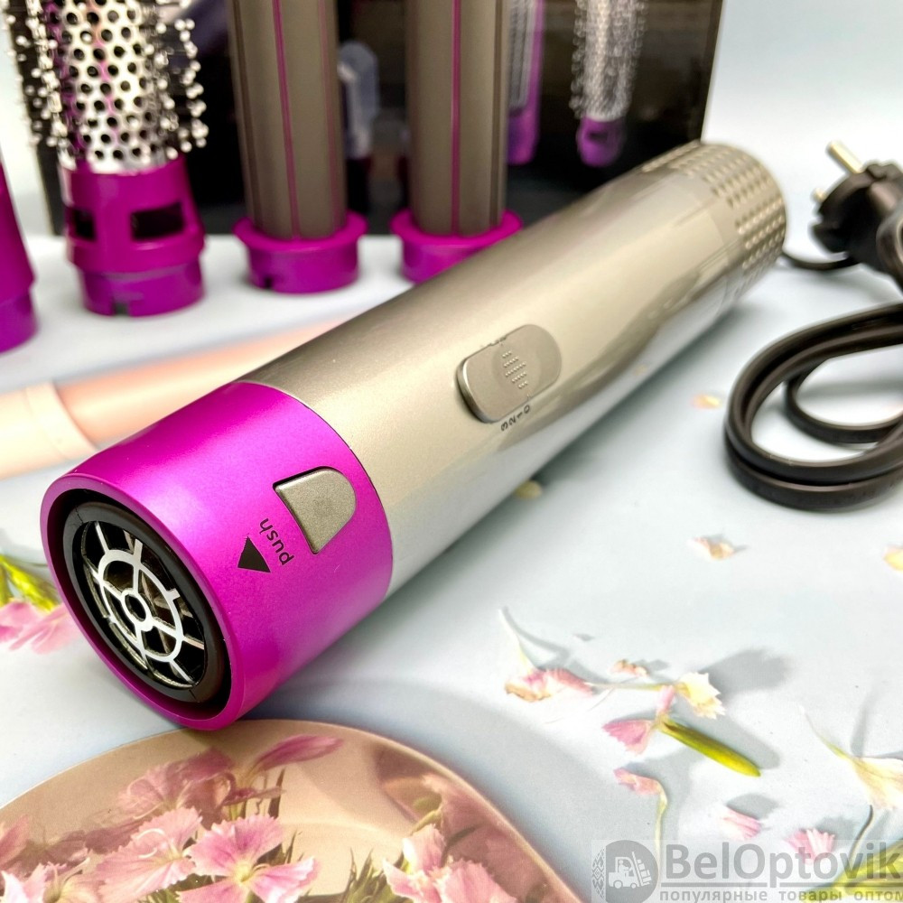 Фен стайлер для укладки волос с цилиндрическими насадками 5 в 1 Ярко-розовый (коробка) - фото 5 - id-p179623506