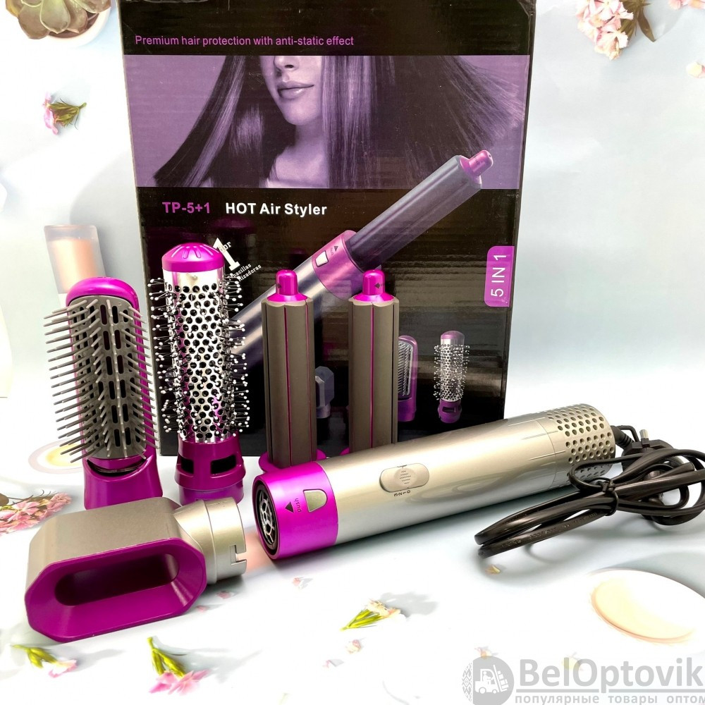 Фен стайлер для укладки волос с цилиндрическими насадками 5 в 1 Ярко-розовый (коробка) - фото 7 - id-p179623506