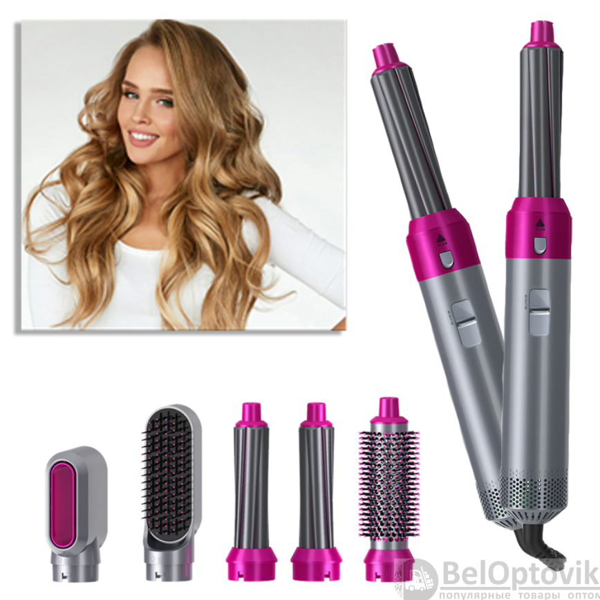 Фен стайлер для укладки волос с цилиндрическими насадками 5 в 1 Ярко-розовый (коробка) - фото 8 - id-p179623506