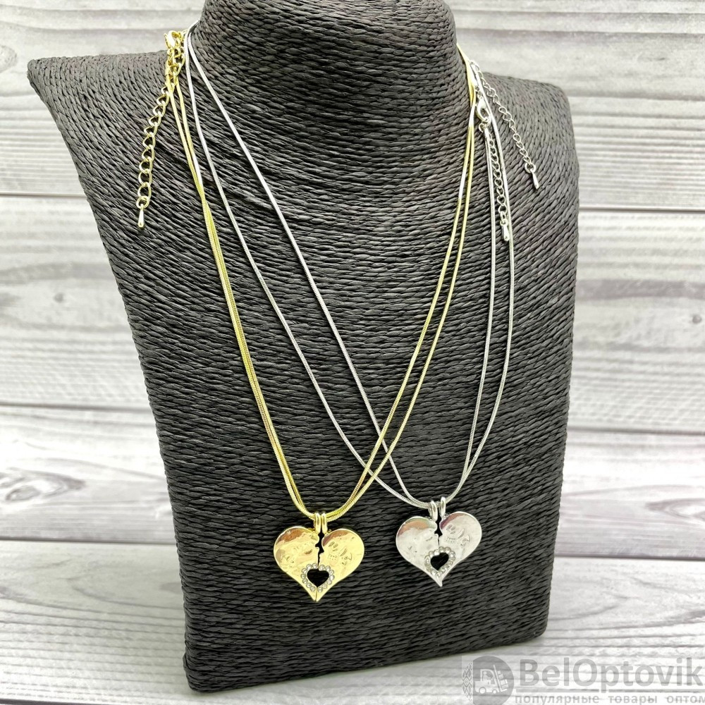 Парная подвеска Сердце на цепочках (2 цепочки, 2 половинки сердца) Золото - фото 2 - id-p179630766