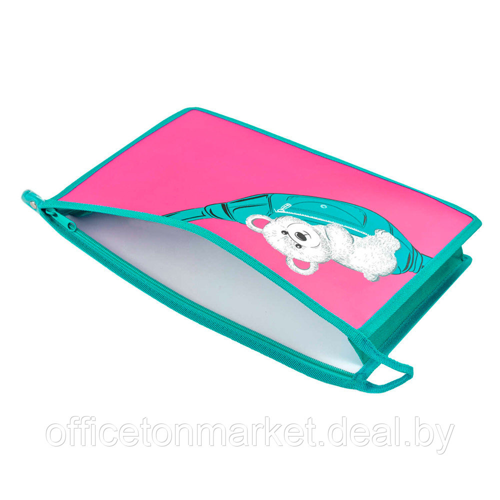 Папка для тетрадей "Мишка на сумке", А4, на молнии, пластик, розовый, бирюзовый - фото 3 - id-p179638962