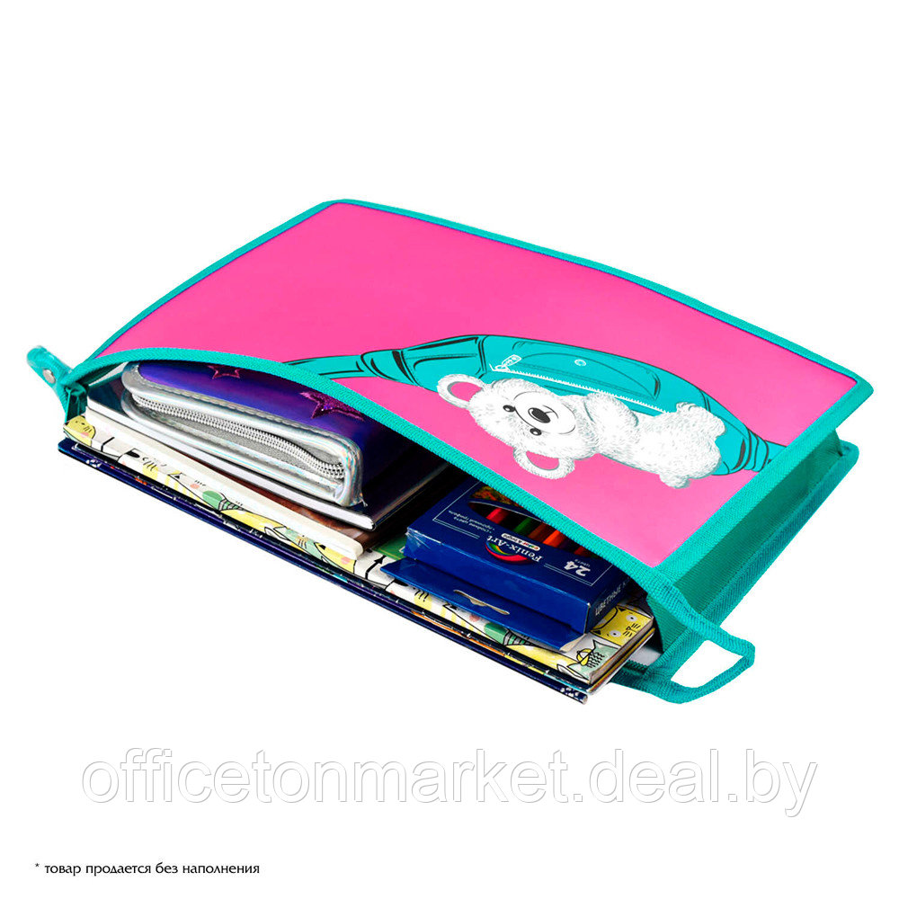 Папка для тетрадей "Мишка на сумке", А4, на молнии, пластик, розовый, бирюзовый - фото 4 - id-p179638962