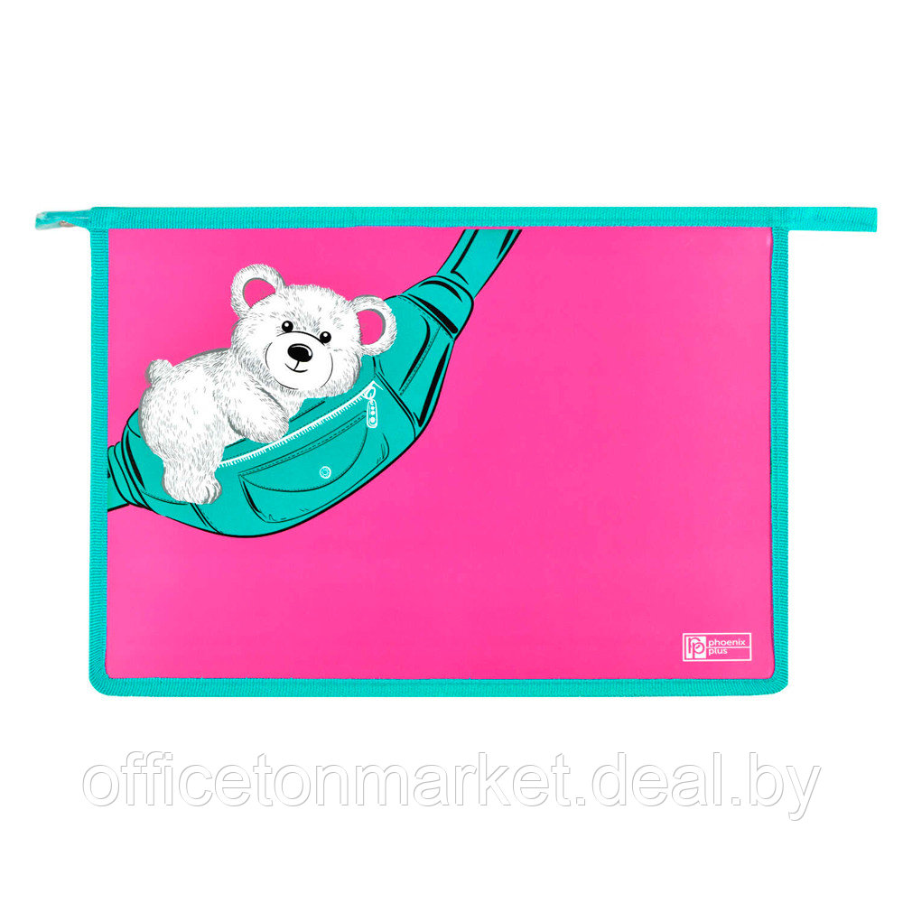 Папка для тетрадей "Мишка на сумке", А4, на молнии, пластик, розовый, бирюзовый - фото 5 - id-p179638962
