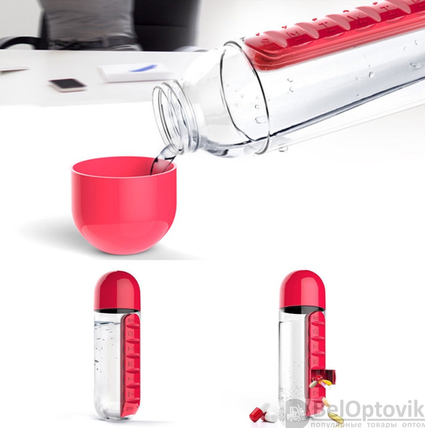 Таблетница-органайзер на каждый день Pill Vitamin Organizer с бутылкой для воды Розовый - фото 9 - id-p179624549