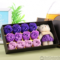 Подарочный набор 12 мыльных роз  Мишка Фиолетовые оттенки