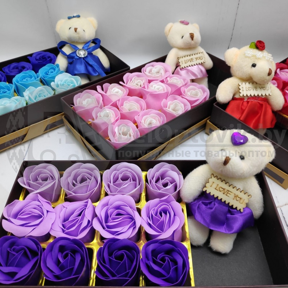 Подарочный набор 12 мыльных роз Мишка Фиолетовые оттенки - фото 8 - id-p179625374