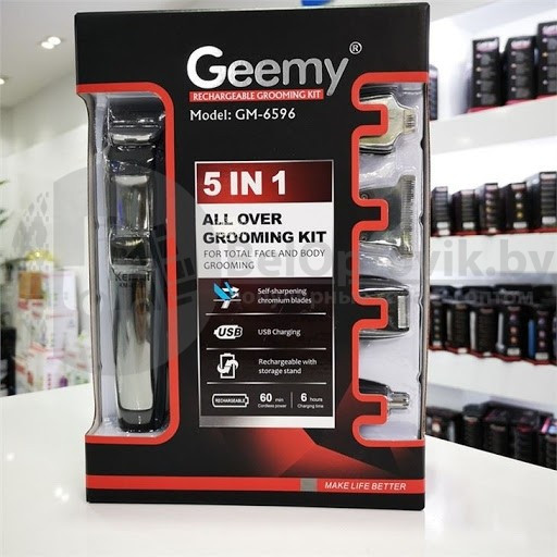 Многофункциональный триммер USB 5 в 1 для стрижки тела, волос, бороды Geemy GM-6596 (8 насадок) на подставке - фото 2 - id-p179625452