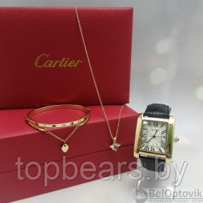 Акция Подарочный набор CartER (браслет, подвеска, часы) Золото, черный ремешок, фото 1