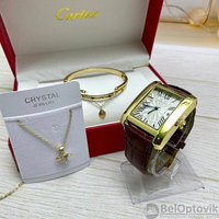 Акция Подарочный набор CartER (браслет, подвеска, часы) Золото, коричневый ремешок, фото 1