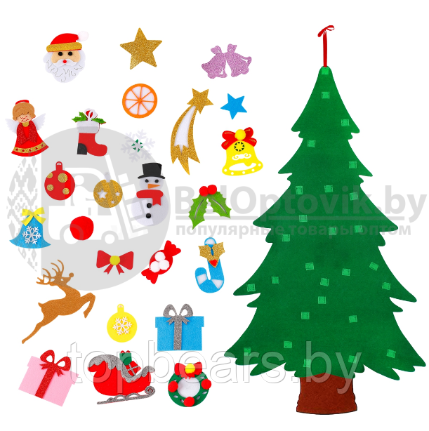 Елочка из фетра с новогодними игрушками липучками Merry Christmas, подвесная, 93 х 65 см Декор А - фото 10 - id-p179744258