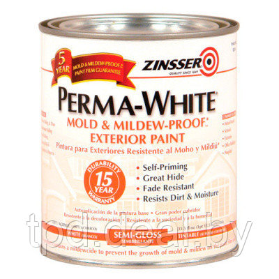 Фасадная краска ZINSSER PERMA-WHITE Mold & Mildew-Proof Exterior Paint, RUST-OLEUM® 3, 78 л - фото 1 - id-p179918036