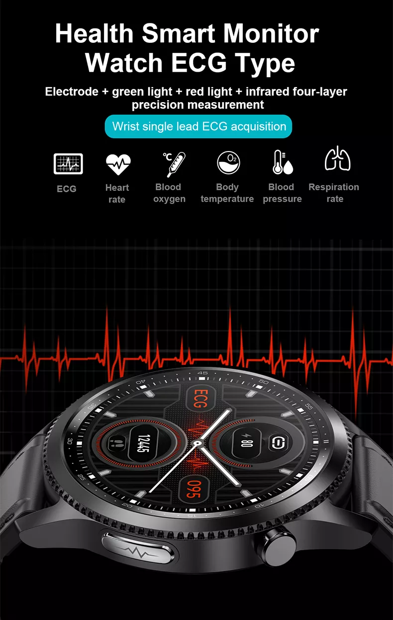Профессиональные часы здоровья с автомат. измерением температуры, давления, пульса, кислорода, ЭКГ - HW10