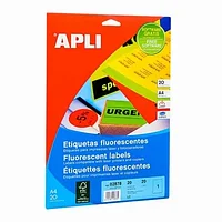 Флуоресцентные цветные этикетки "Apli", 210x297 мм, 20 листов, 1 шт, оранжевый