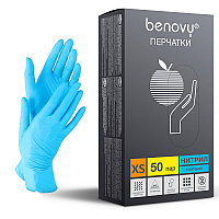 Перчатки (XS, S, M, L, XL) нитриловые Benovy (голубые) - 100 шт (50 пар), XS