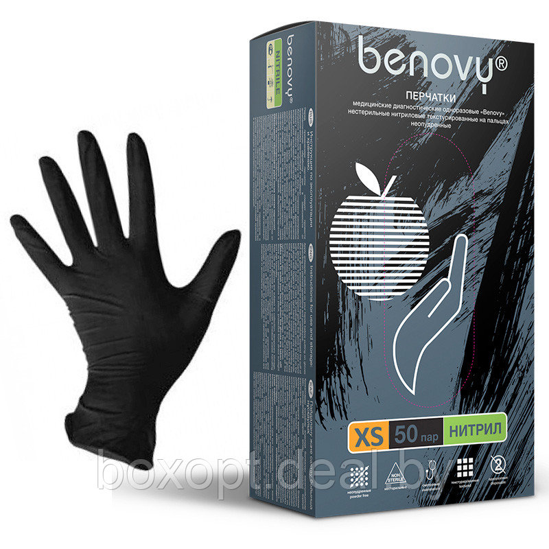 Перчатки нитриловые Benovy (черные) - 100 шт (50 пар), XS - фото 2 - id-p180081539