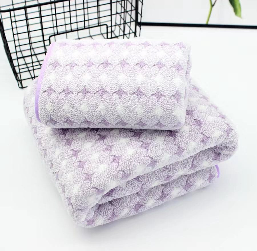 Набор полотенец банное и для лица в подарочком мешочке (ромбы, сердца фиолетовый)