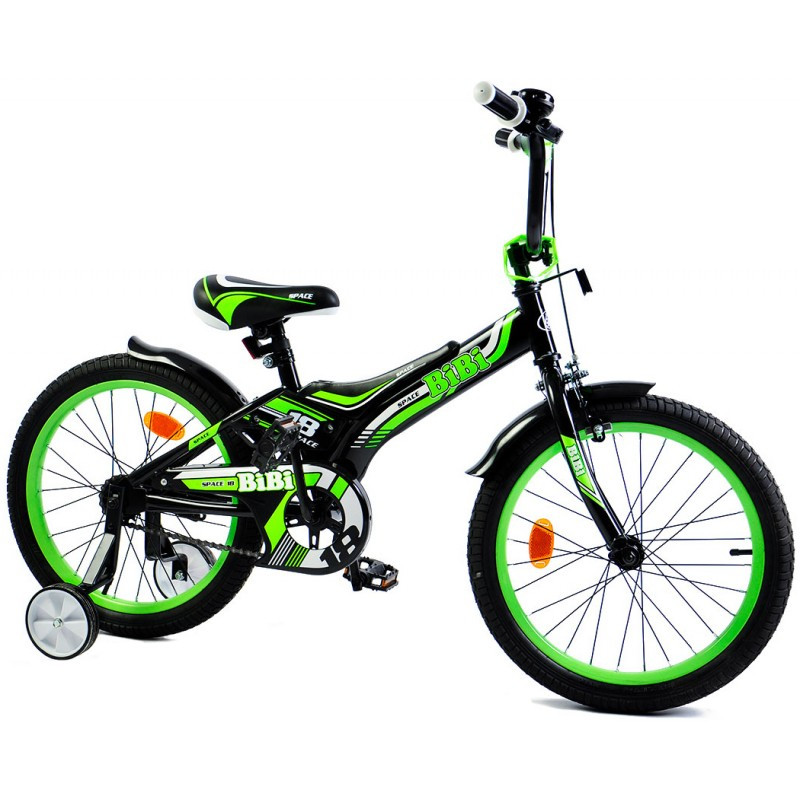 Велосипед детский двухколесный BIBI 18" SPACE , black/green с приставными колесами - фото 2 - id-p180129179