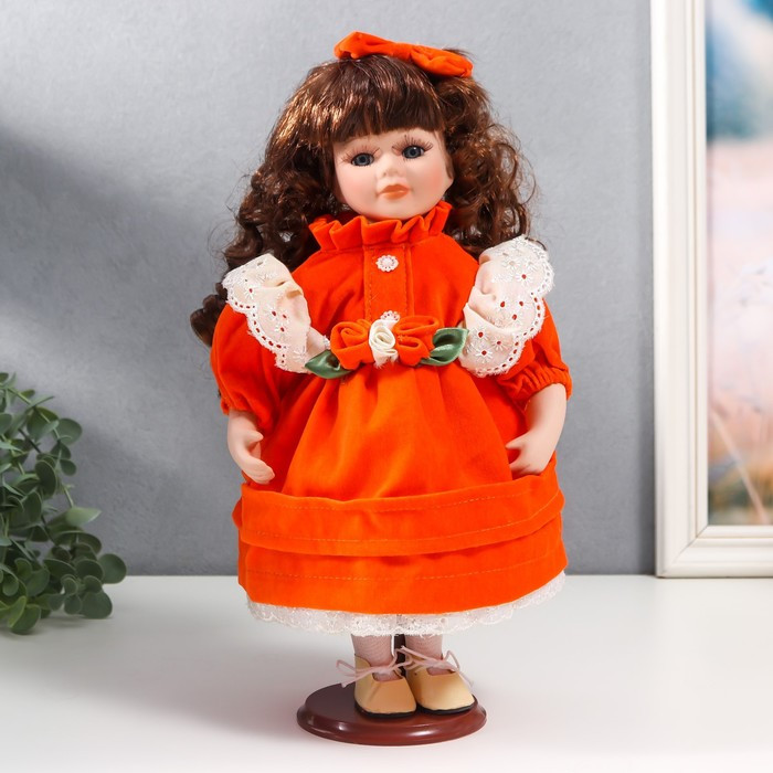 Кукла коллекционная керамика "Агата в ярко-оранжевом платье и банте, с рюшами" 30 см - фото 1 - id-p180240060