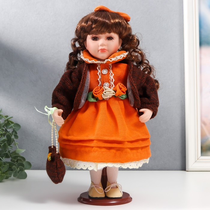 Кукла коллекционная керамика "Василиса в ярко-оранжевом платье, с рюшами, с сумочкой" 30 см 758616 - фото 1 - id-p180240061