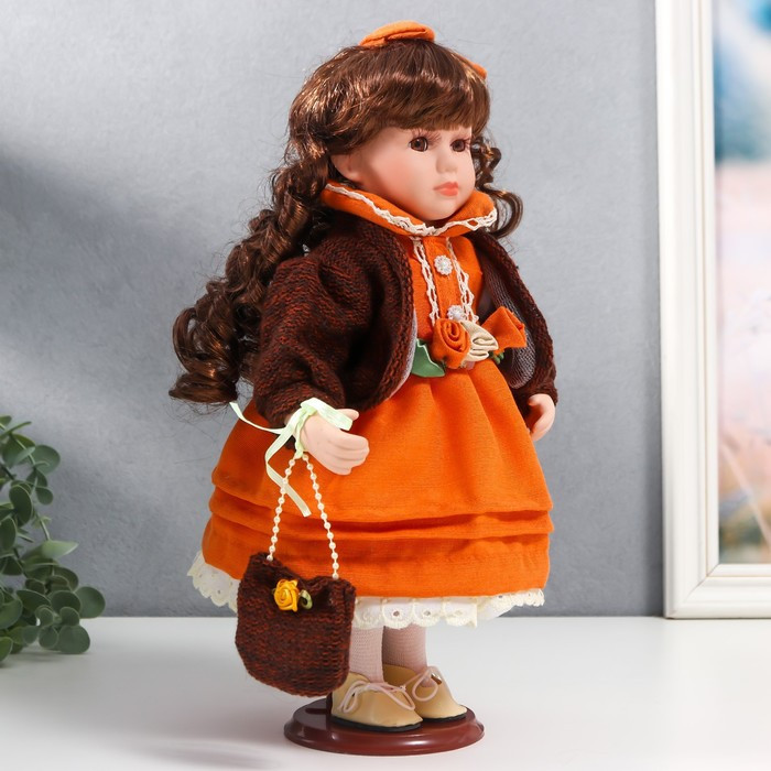 Кукла коллекционная керамика "Василиса в ярко-оранжевом платье, с рюшами, с сумочкой" 30 см 758616 - фото 2 - id-p180240061