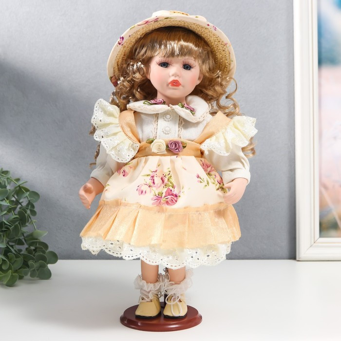 Кукла коллекционная керамика "Алиса в жёлтом платье с цветами, в соломенной шляпке" 30 см - фото 1 - id-p180240062