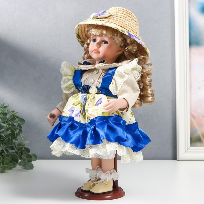 Кукла коллекционная керамика "Алиса в синем платье с цветами, в соломенной шляпке" 30 см - фото 3 - id-p180240063