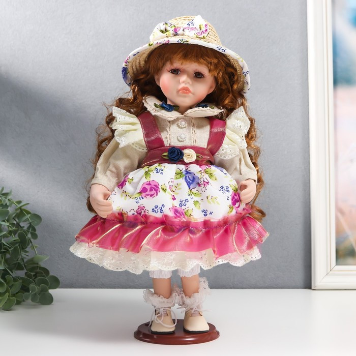 Кукла коллекционная керамика "Женечка в платье с цветами, в соломенной шляпке" 30 см - фото 1 - id-p180240064