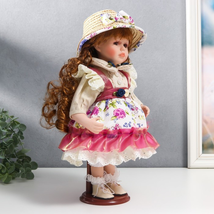 Кукла коллекционная керамика "Женечка в платье с цветами, в соломенной шляпке" 30 см - фото 2 - id-p180240064