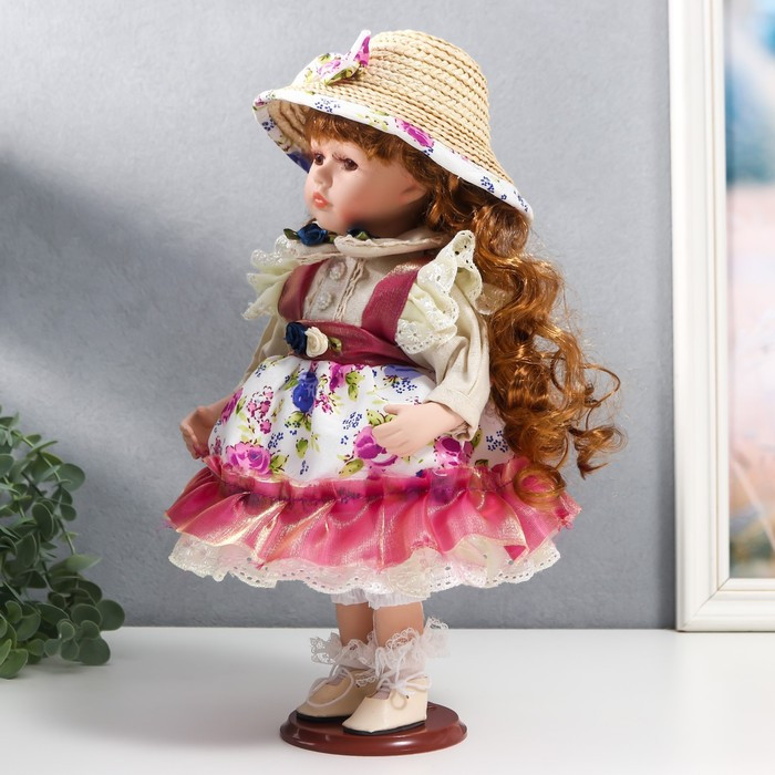 Кукла коллекционная керамика "Женечка в платье с цветами, в соломенной шляпке" 30 см - фото 3 - id-p180240064