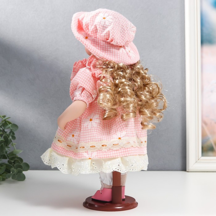 Кукла коллекционная керамика "Маша в розовом платье в клетку с ромашками, в шляпке" 30 см - фото 5 - id-p180240068