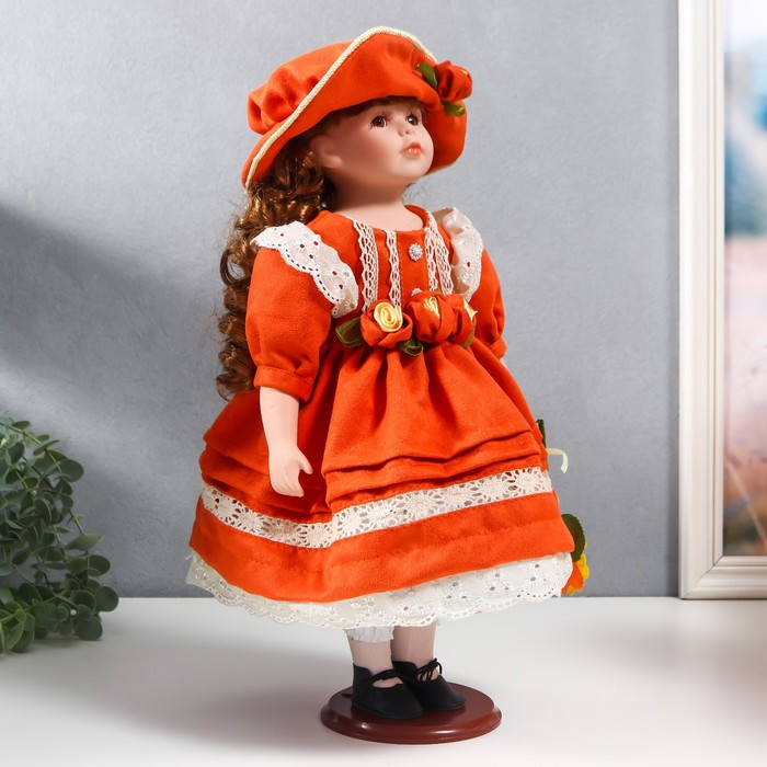 Кукла коллекционная керамика "Вера в ярко-оранжевом платье и шляпе с розами" 40 см - фото 2 - id-p180240071