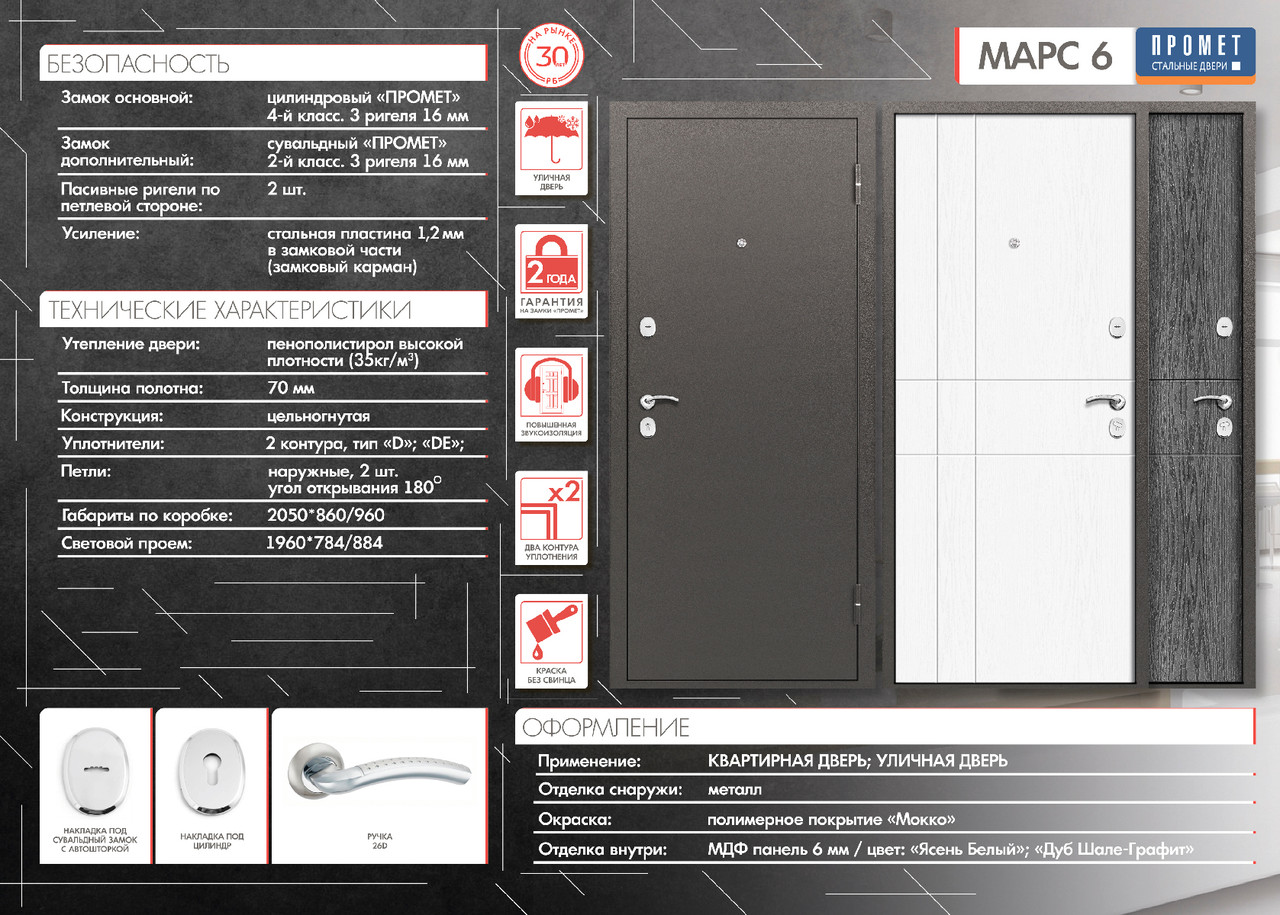 ПРОМЕТ "Марс 6" Ясень Белый (2050х860 Правая) | Входная металлическая дверь - фото 8 - id-p175708975