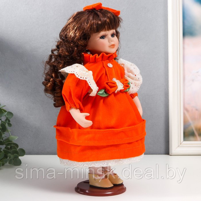 Кукла коллекционная керамика "Агата в ярко-оранжевом платье и банте, с рюшами" 30 см - фото 2 - id-p180254702