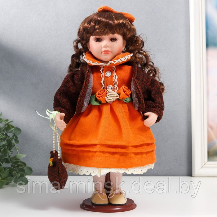 Кукла коллекционная керамика "Василиса в ярко-оранжевом платье, с рюшами, с сумочкой" 30 см 758616 - фото 1 - id-p180254703