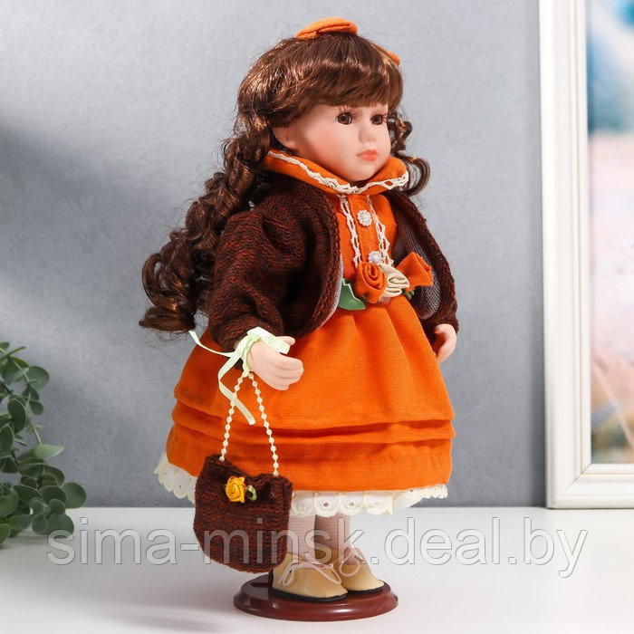 Кукла коллекционная керамика "Василиса в ярко-оранжевом платье, с рюшами, с сумочкой" 30 см 758616 - фото 2 - id-p180254703