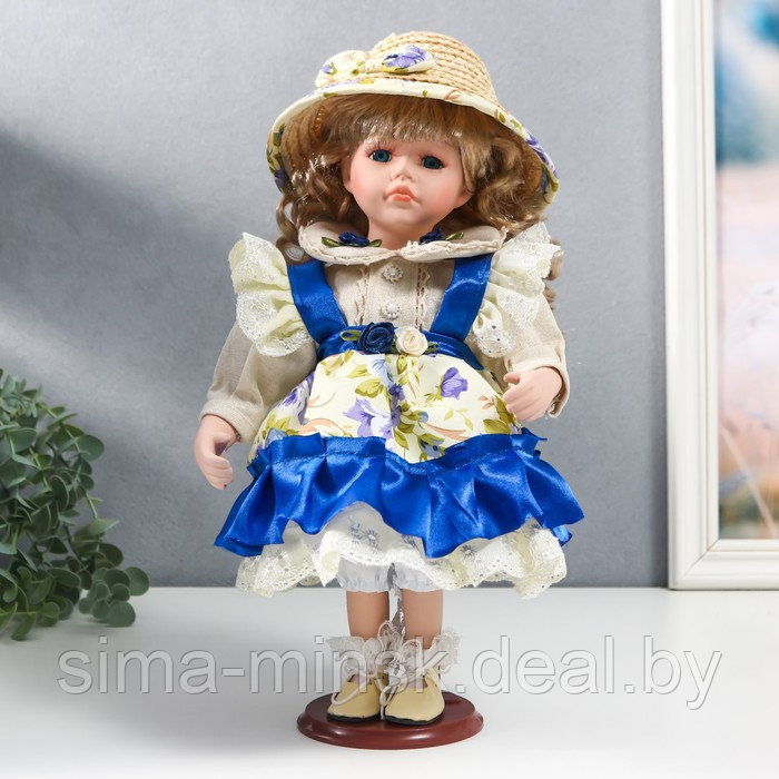 Кукла коллекционная керамика "Алиса в синем платье с цветами, в соломенной шляпке" 30 см - фото 1 - id-p180254705