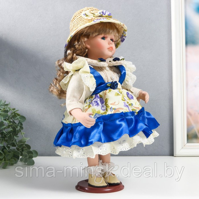 Кукла коллекционная керамика "Алиса в синем платье с цветами, в соломенной шляпке" 30 см - фото 2 - id-p180254705