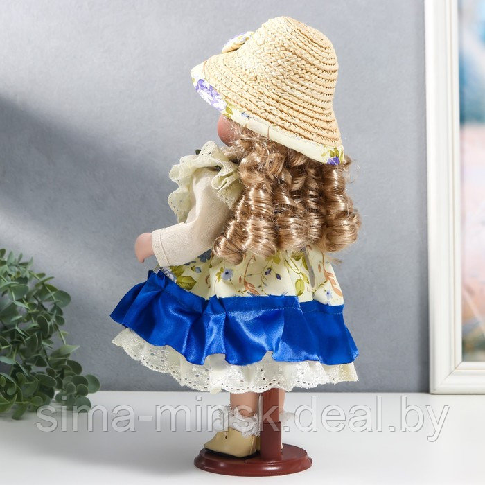 Кукла коллекционная керамика "Алиса в синем платье с цветами, в соломенной шляпке" 30 см - фото 4 - id-p180254705