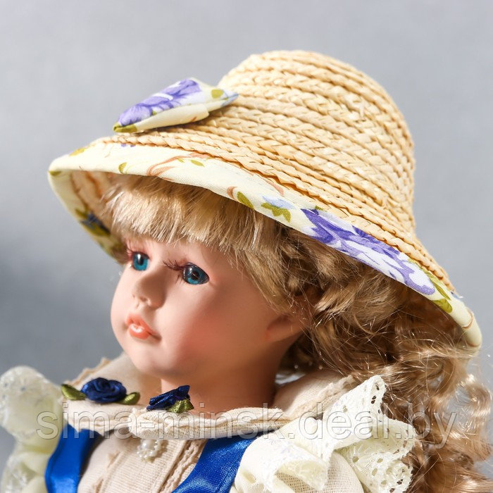 Кукла коллекционная керамика "Алиса в синем платье с цветами, в соломенной шляпке" 30 см - фото 6 - id-p180254705