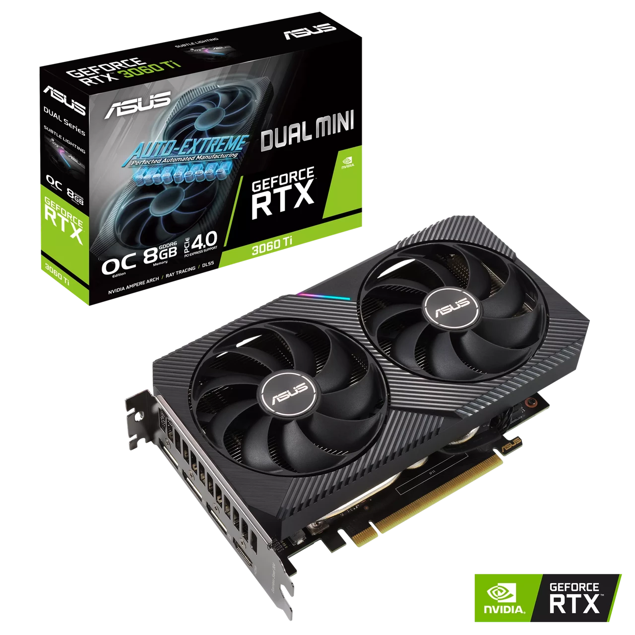 Видеокарта ASUS RTX 3060Ti (DUAL-RTX3060TI-O8G-MINI-V2) 8Gb GDDR6 8pin 2xHDMI+3xDP LHR RTL