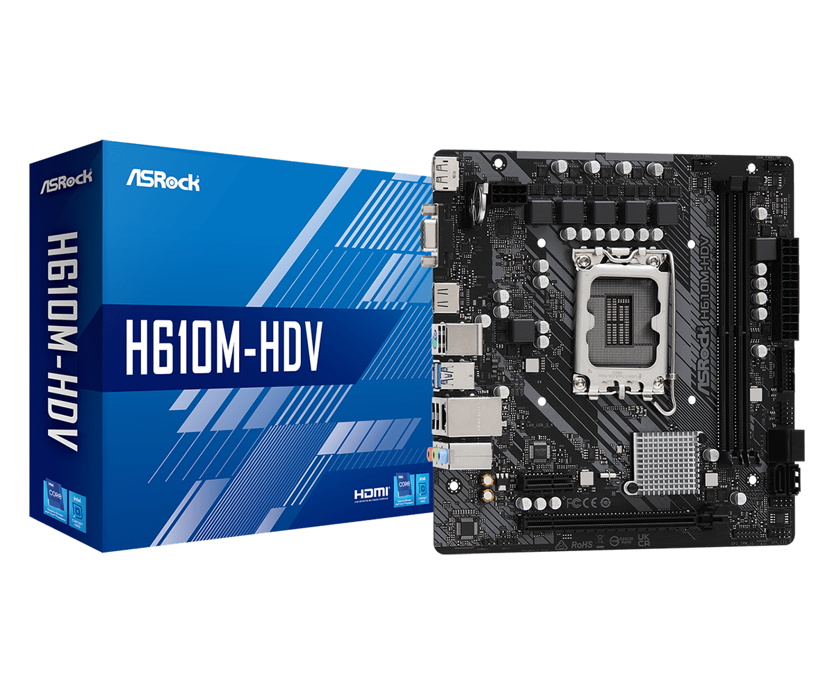 Материнская плата ASRock H610M-HDV Soc-1700 (H610) PCI-E 4.0x16 PCI-E 3.0x1 2xDDR4 3200MHz VGA+DVI+HDMI mATX