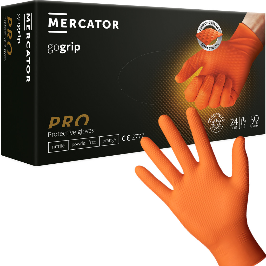 MERCATOR gogrip orange сверхпрочные нитриловые перчатки. Оранжевые 50шт/упак, размеры - M,L,XL,XXL