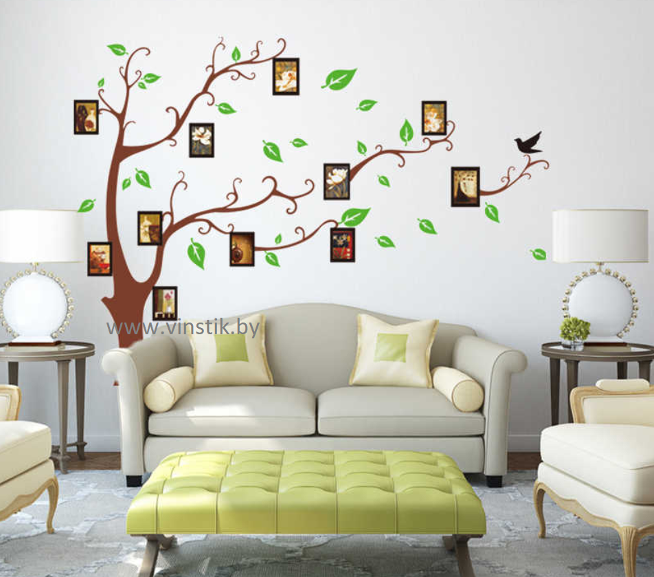 Наклейка на стену «Дерево коричневое с зелеными листиками и с фоторамками XXL» - фото 1 - id-p156733656