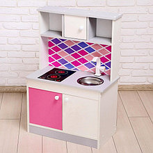 Игровая мебель «Детская кухня», цвет корпуса бело-серый, цвет фасада бело-малиновый, фартук ромб