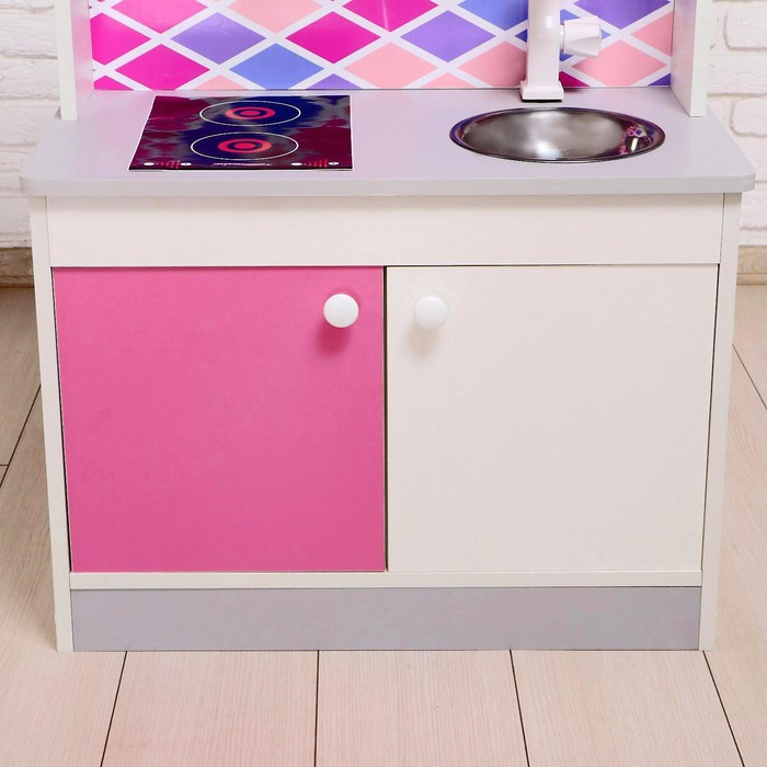 Игровая мебель «Детская кухня», цвет корпуса бело-серый, цвет фасада бело-малиновый, фартук ромб - фото 8 - id-p180493705