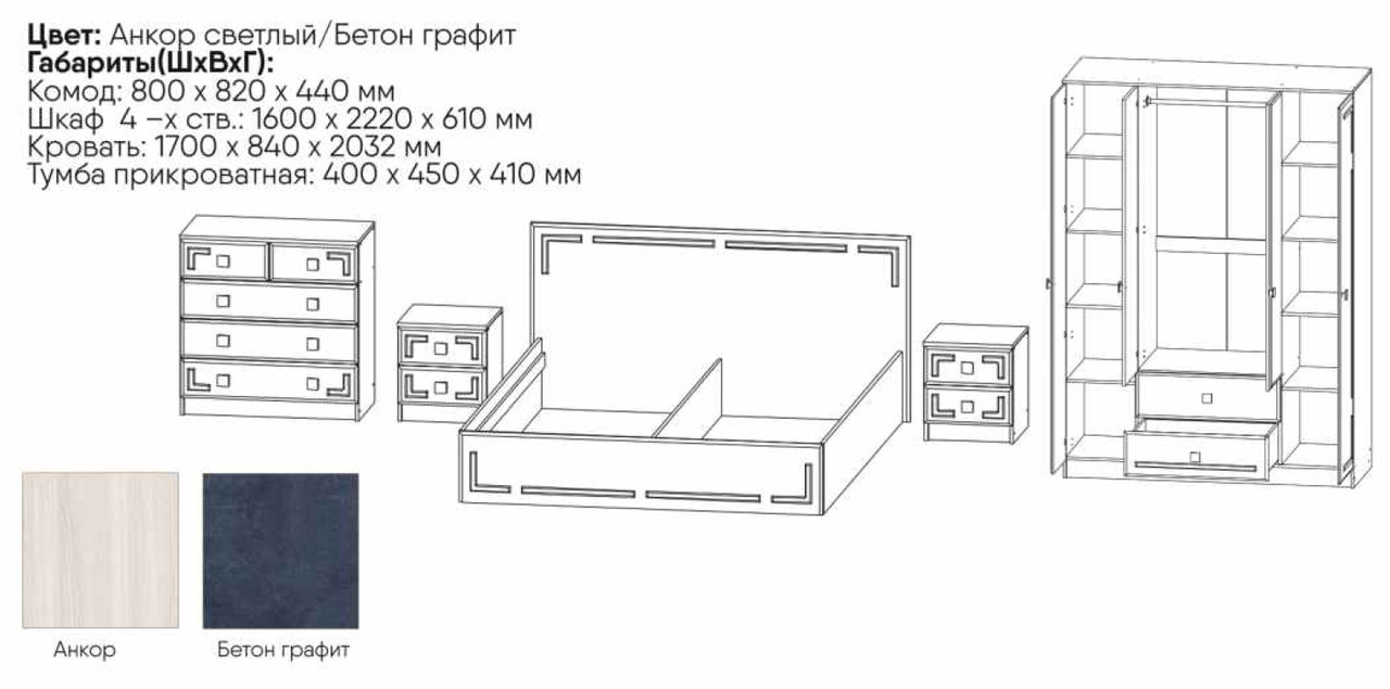 Спальный гарнитур Верона - Комплект 1 - Анкор светлый/Бетон Графит (Рикко) - фото 5 - id-p180046504