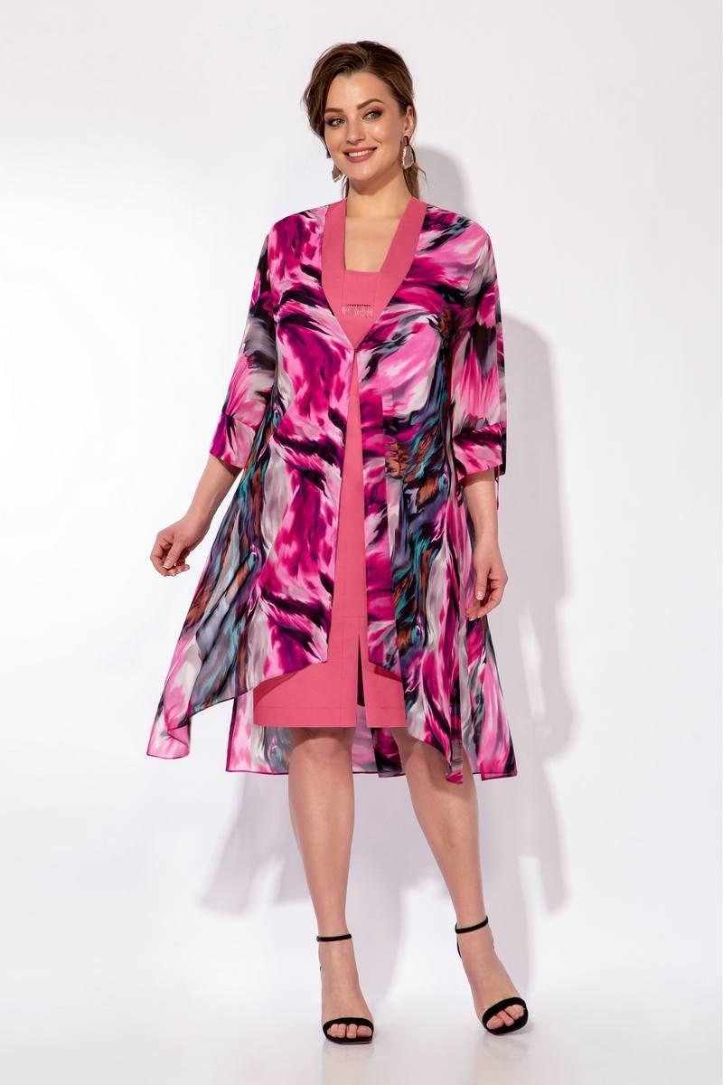 Женский летний шифоновый розовый большого размера комплект с платьем Olegran 3905 розовый+принт 52р.