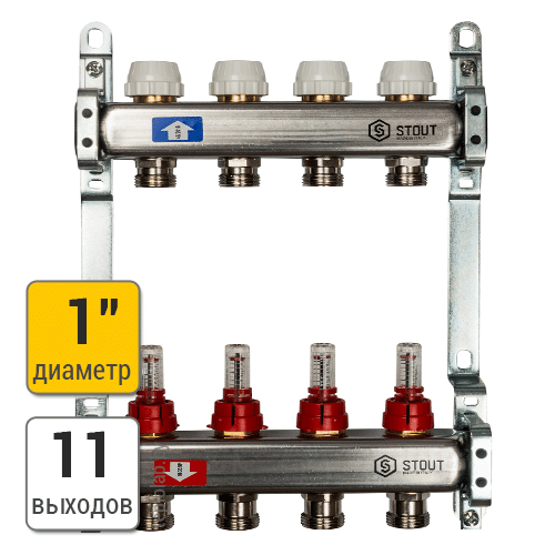 Коллектор для тёплого пола из нержавеющей стали с расходомерами STOUT 11 вых. - фото 1 - id-p178973983