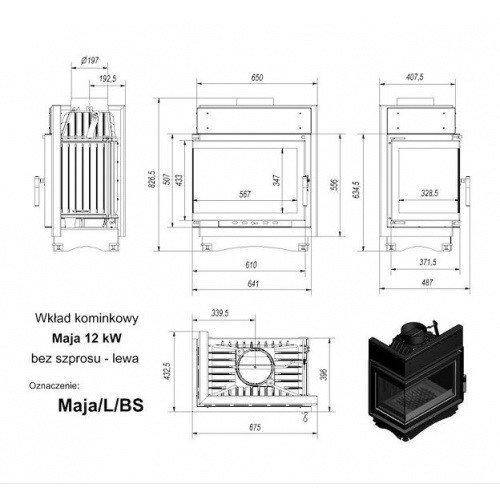 Чугунная каминная топка Kratki Maja/L/BS угловое стекло слева 12 Kw - фото 2 - id-p178972645